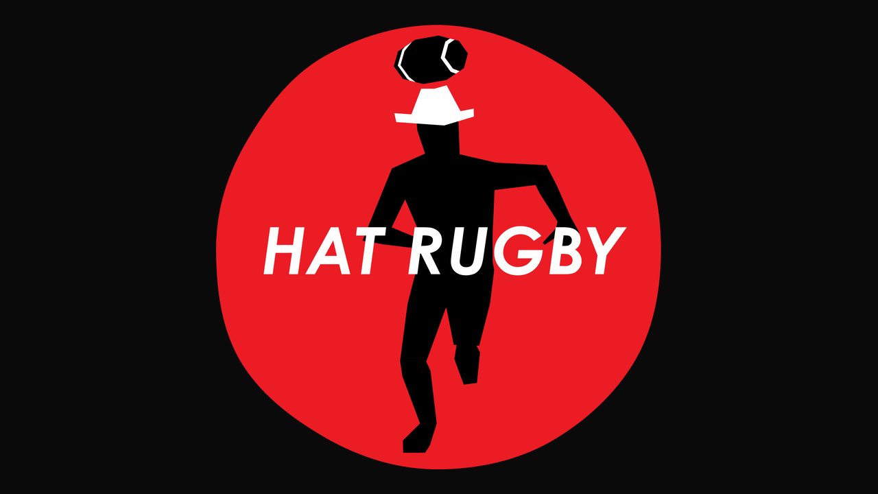 赤い円の中を走る人物と「HAT RUGBY」のロゴ